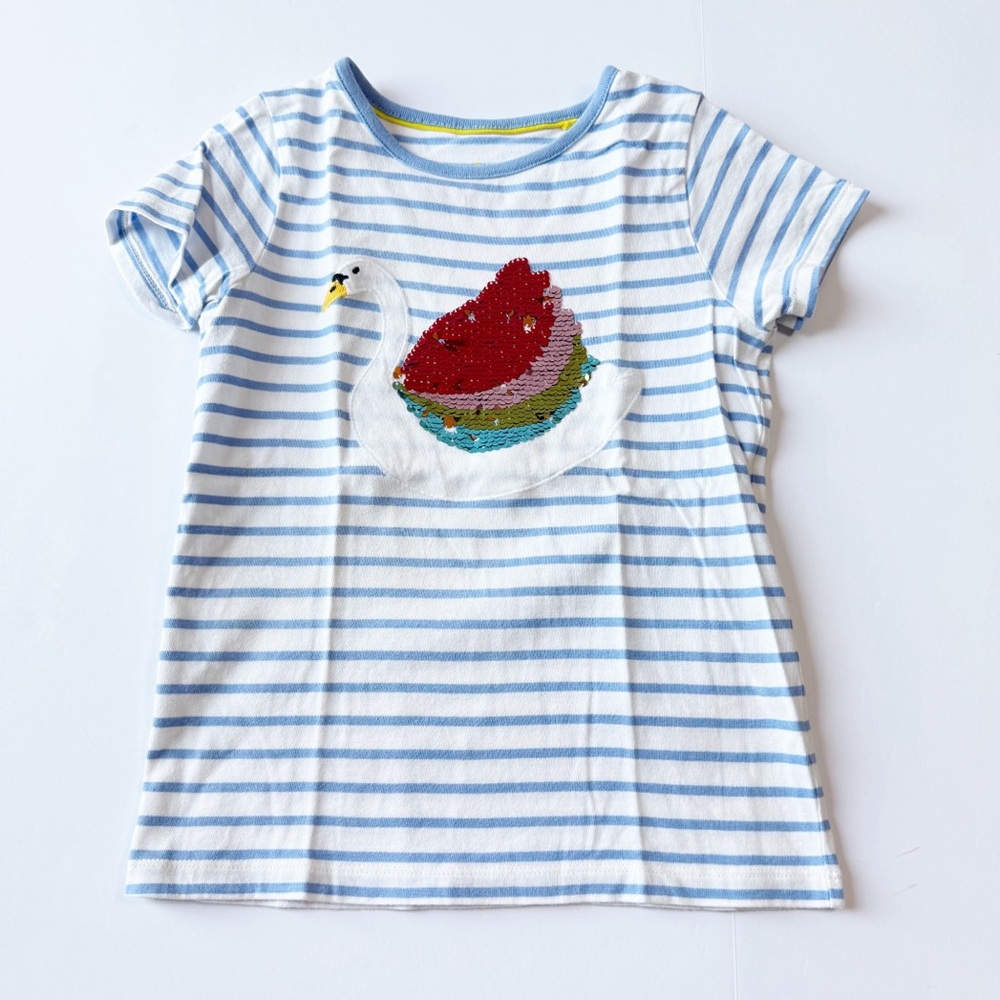 Mini Boden Flip Sequin Swan Striped Tee White and Light Blue 6-7Y